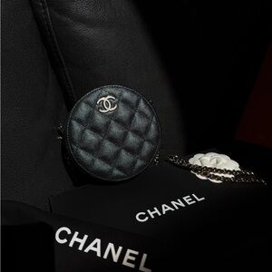 CHANEL Black Quilted Round Mini Crossbody with Silver CC